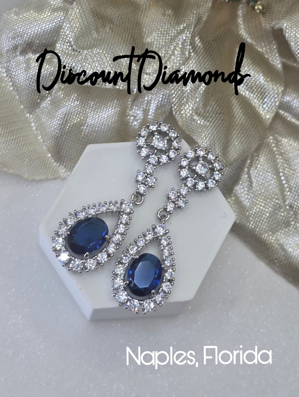 Dark Blue Sapphire & White Baguette Diamond Earrings 925 Sterling Silver Women's